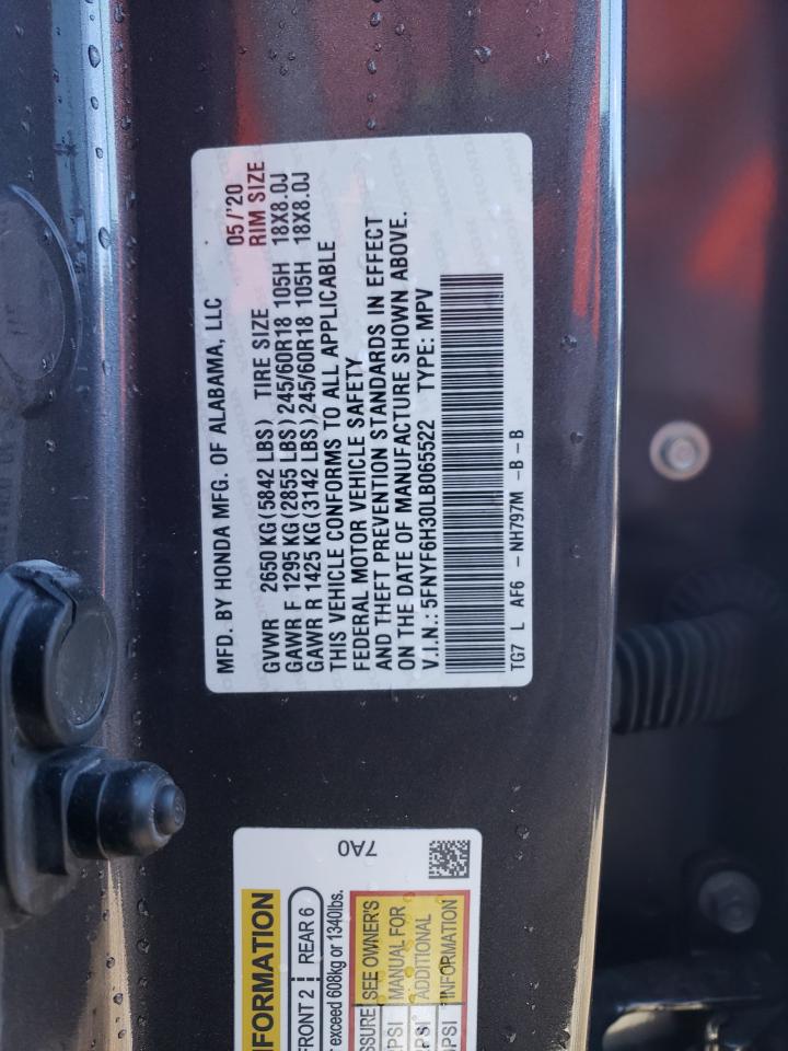 2020 Honda Pilot VIN 5FNYF6H30LB065522 Copart auction photo, front end / side damage thumbnail 13