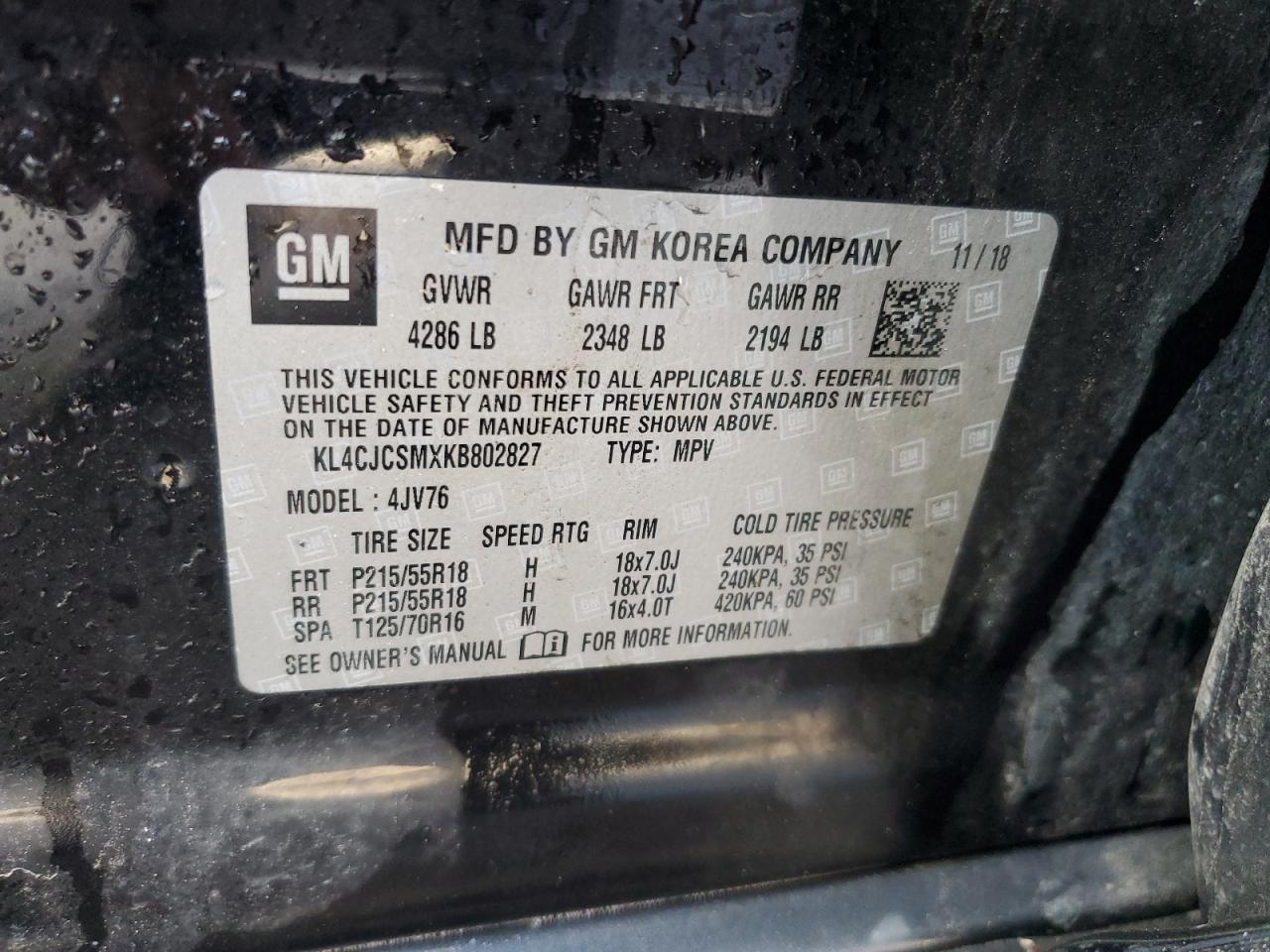 2019 Buick Encore VIN KL4CJCSMXKB802827 Copart auction photo, side / front end damage thumbnail 13