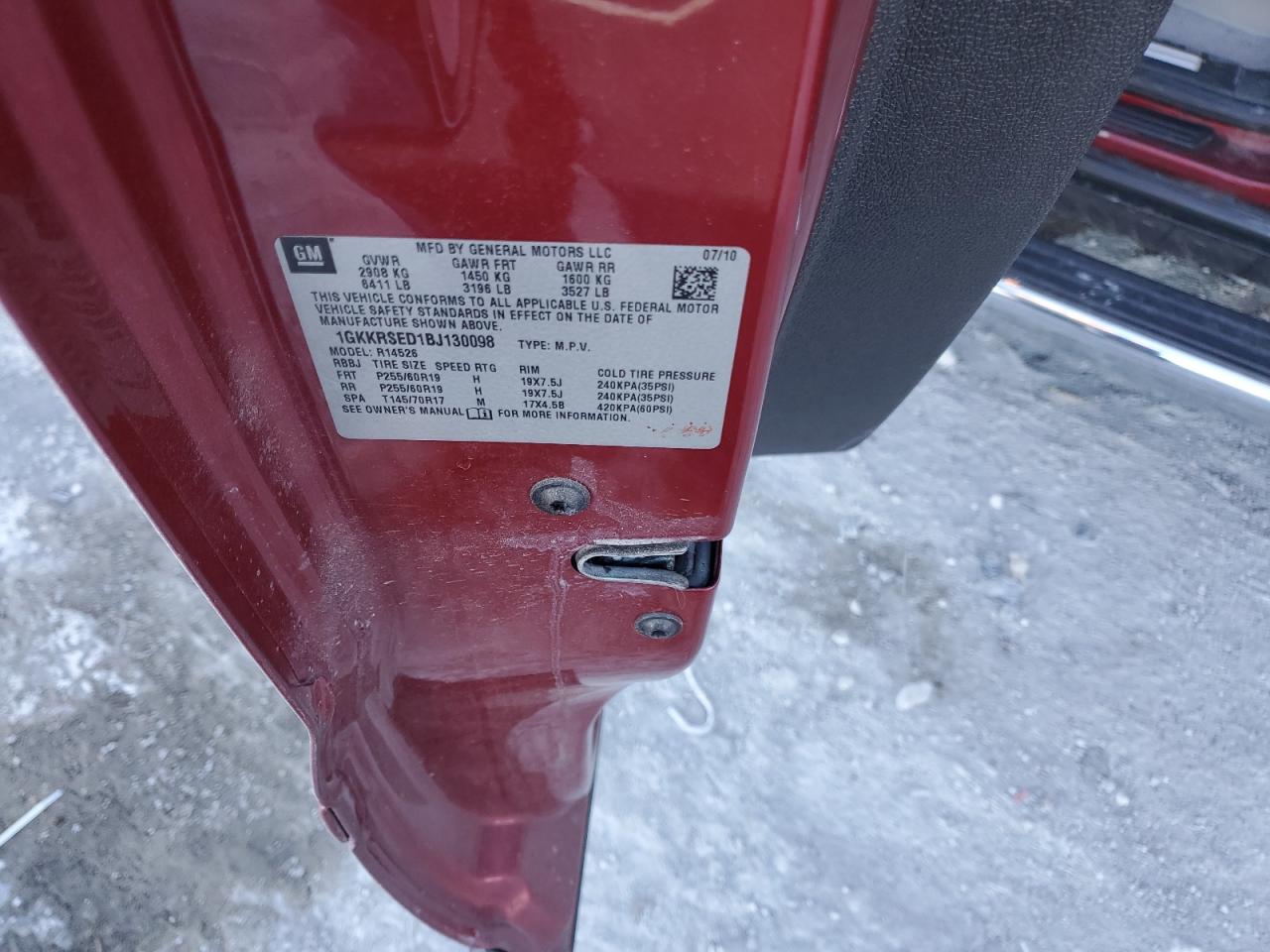 2011 GMC Acadia VIN 1GKKRSED1BJ130098 Copart auction photo, front end damage thumbnail 13