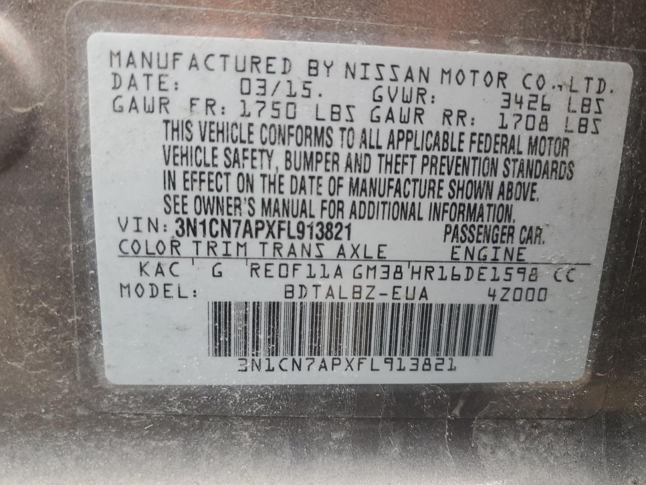 2015 Nissan Versa VIN 3N1CN7APXFL913821 Copart auction photo, front end / minor dent/scratches damage thumbnail 12