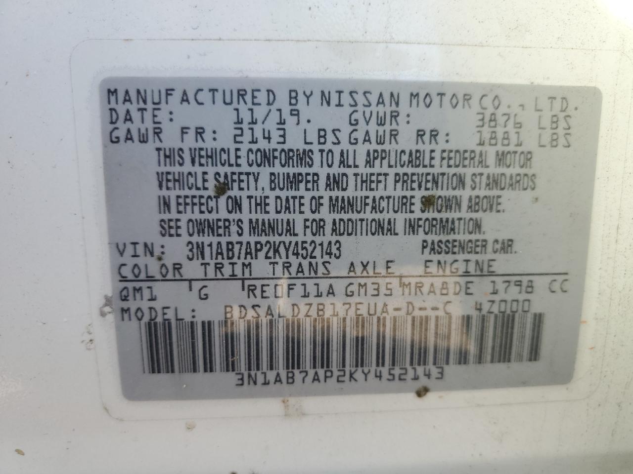 2019 Nissan Sentra VIN 3N1AB7AP2KY452143 Copart auction photo, all over damage thumbnail 14
