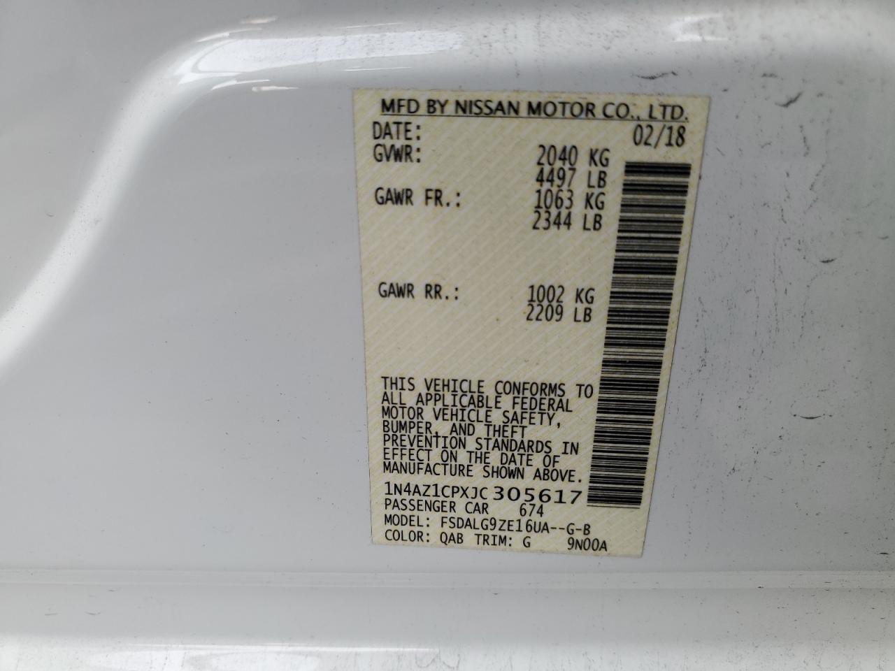 2018 Nissan Leaf VIN 1N4AZ1CPXJC305617 Copart auction photo, rear end damage thumbnail 12