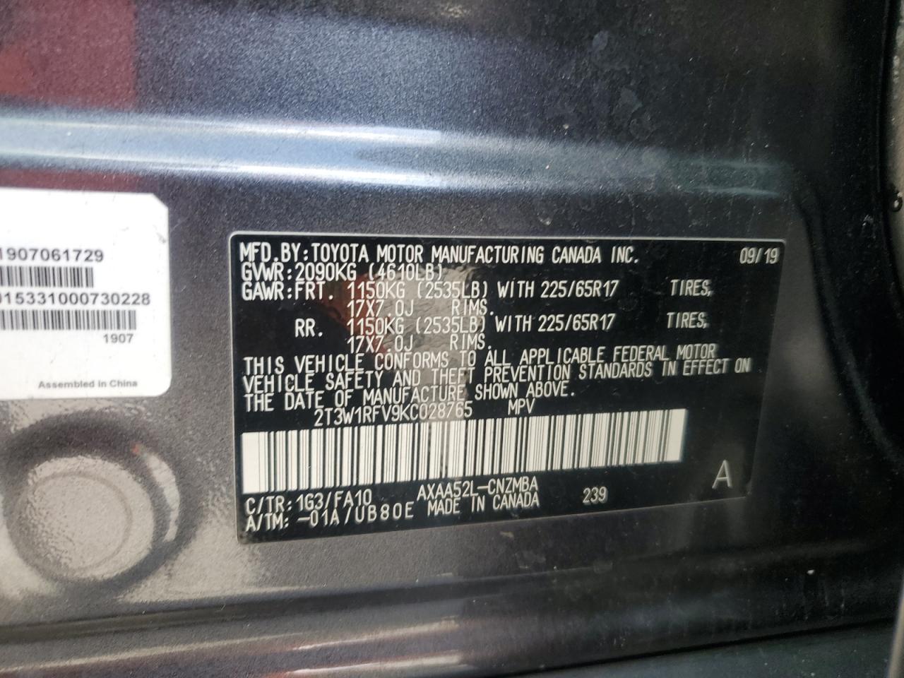 2019 Toyota RAV 4 VIN 2T3W1RFV9KC028765 Copart auction photo, front end damage thumbnail 14