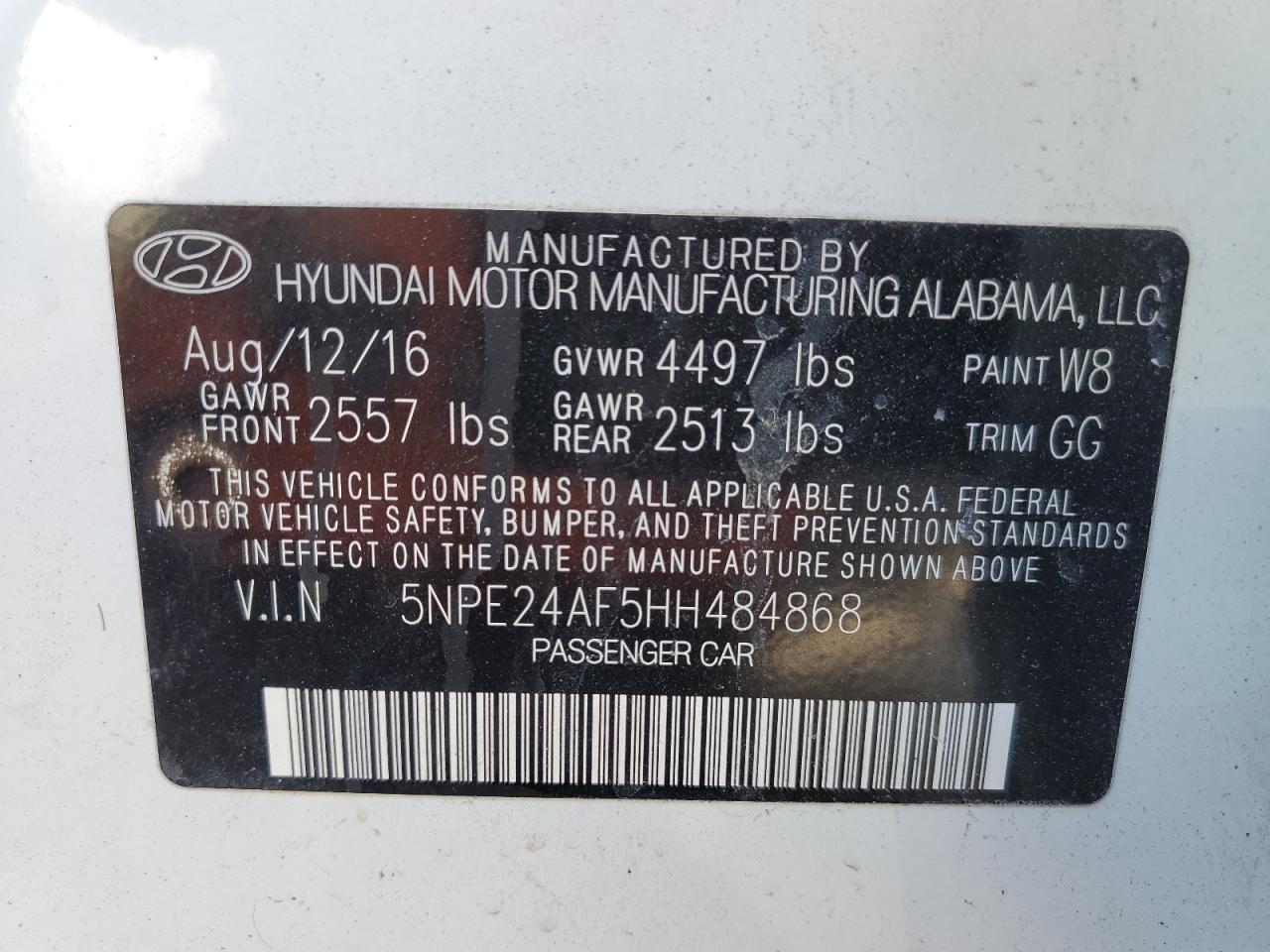 2017 Hyundai Sonata VIN 5NPE24AF5HH484868 Copart auction photo, front end / vandalism damage thumbnail 12