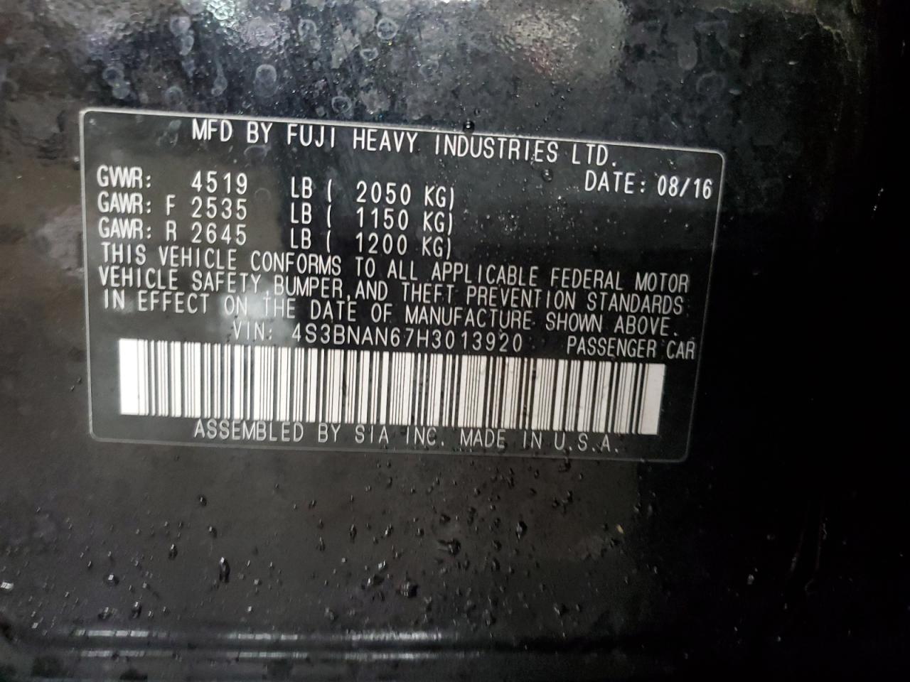 2017 Subaru Legacy VIN 4S3BNAN67H3013920 Copart auction photo, rear end damage thumbnail 12