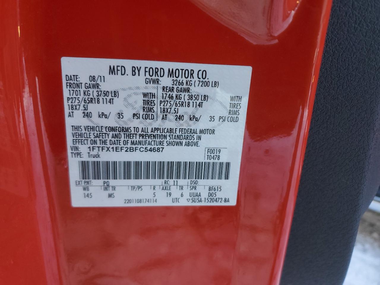 2011 Ford F-150 VIN 1FTFX1EF2BFC54687 Copart auction photo, front end / undercarriage damage thumbnail 12