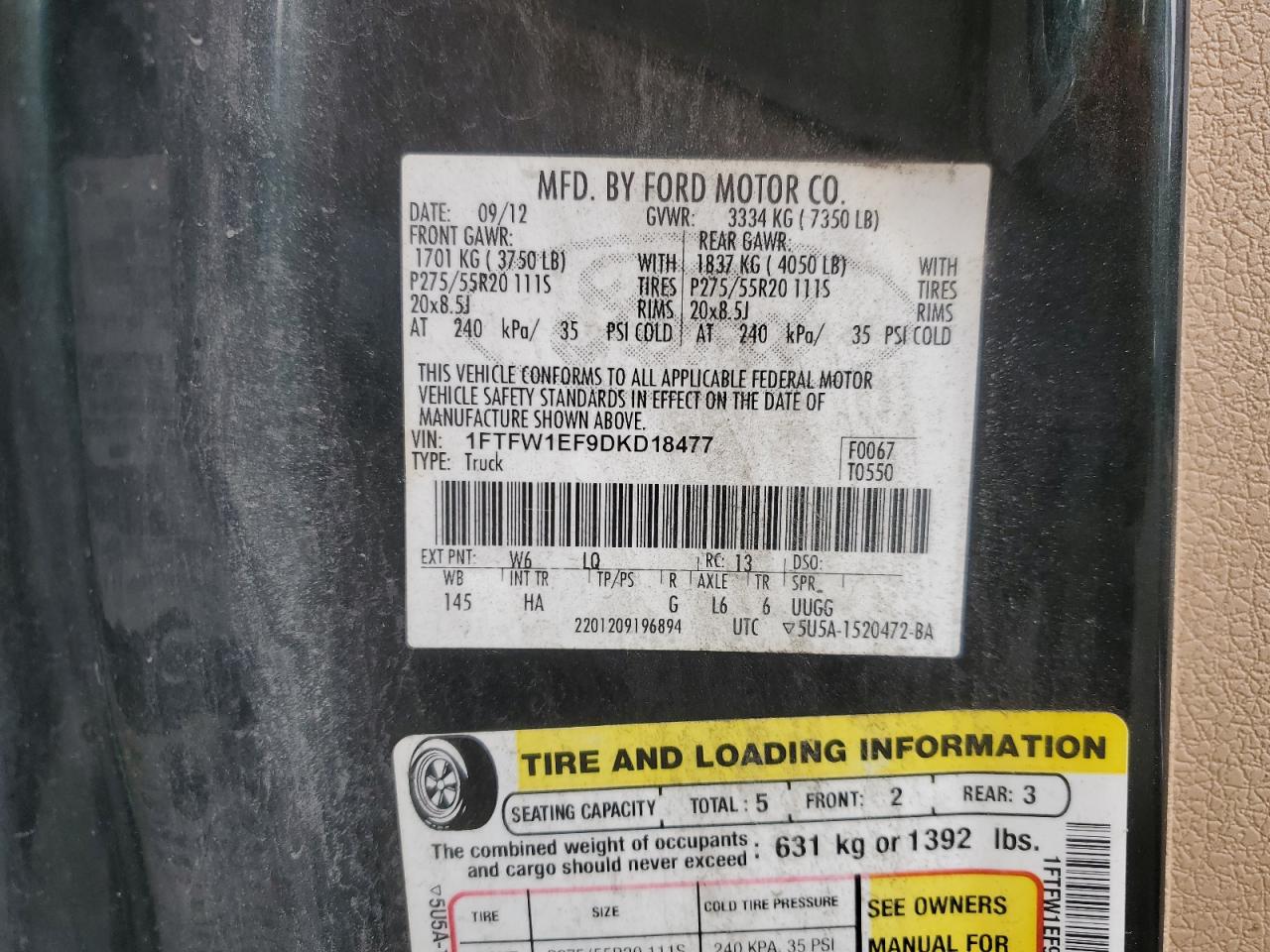 2013 Ford F-150 VIN 1FTFW1EF9DKD18477 Copart auction photo, water/flood / mechanical damage thumbnail 12