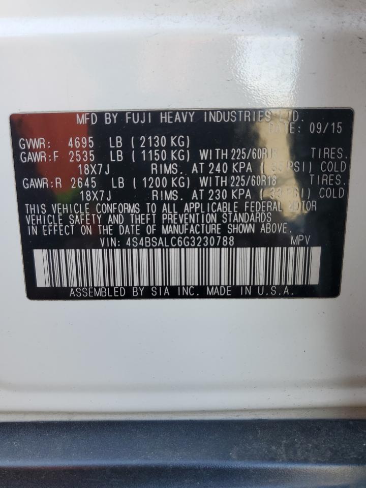 2016 Subaru Outback VIN 4S4BSALC6G3230788 Copart auction photo, water/flood damage thumbnail 13