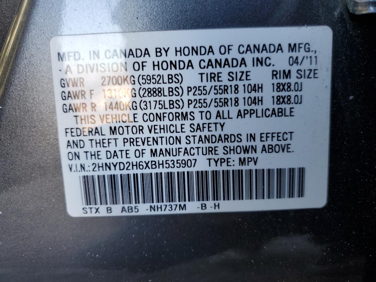 2011 Acura MDX VIN 2HNYD2H6XBH535907 Copart auction photo, all over / side damage thumbnail 15