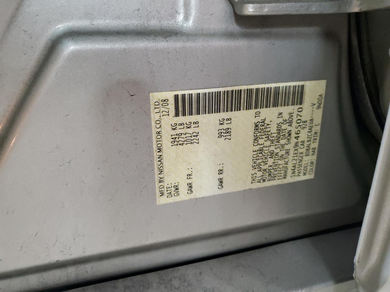 2009 Nissan Altima VIN 1N4AL21EX9N465070 Copart auction photo, side / front end damage thumbnail 12