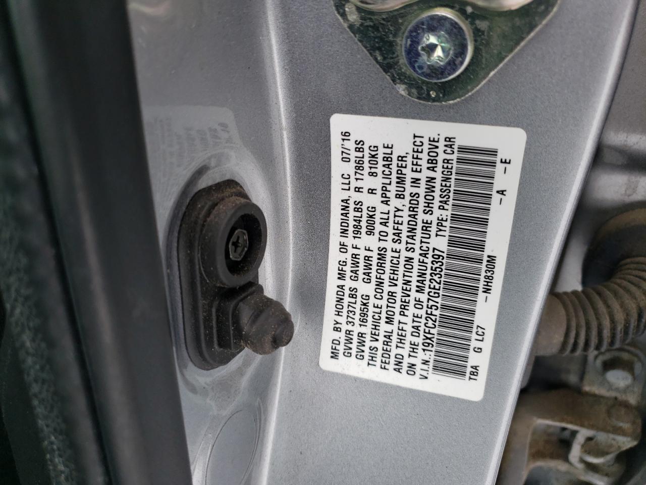 2016 Honda Civic VIN 19XFC2F57GE235397 Copart auction photo, rear end / front end damage thumbnail 12