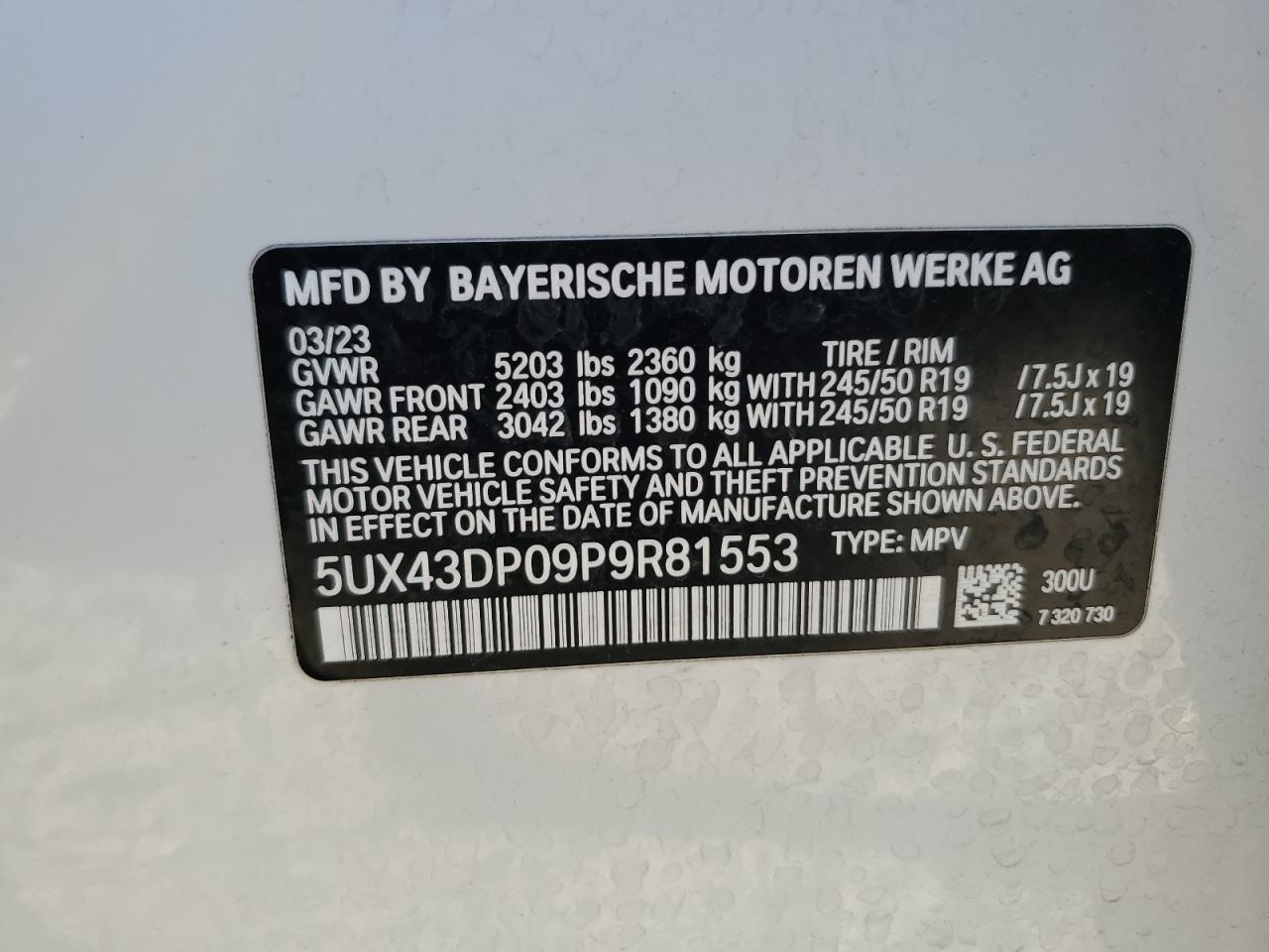 2023 BMW X3 VIN 5UX43DP09P9R81553 Copart auction photo, front end damage thumbnail 13