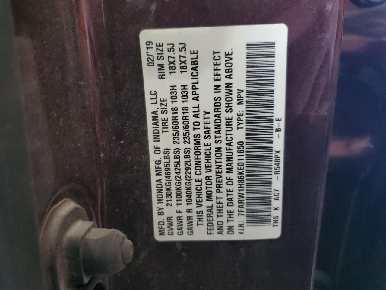 2019 Honda CR-V VIN 7FARW1H86KE011650 Copart auction photo, side damage thumbnail 13