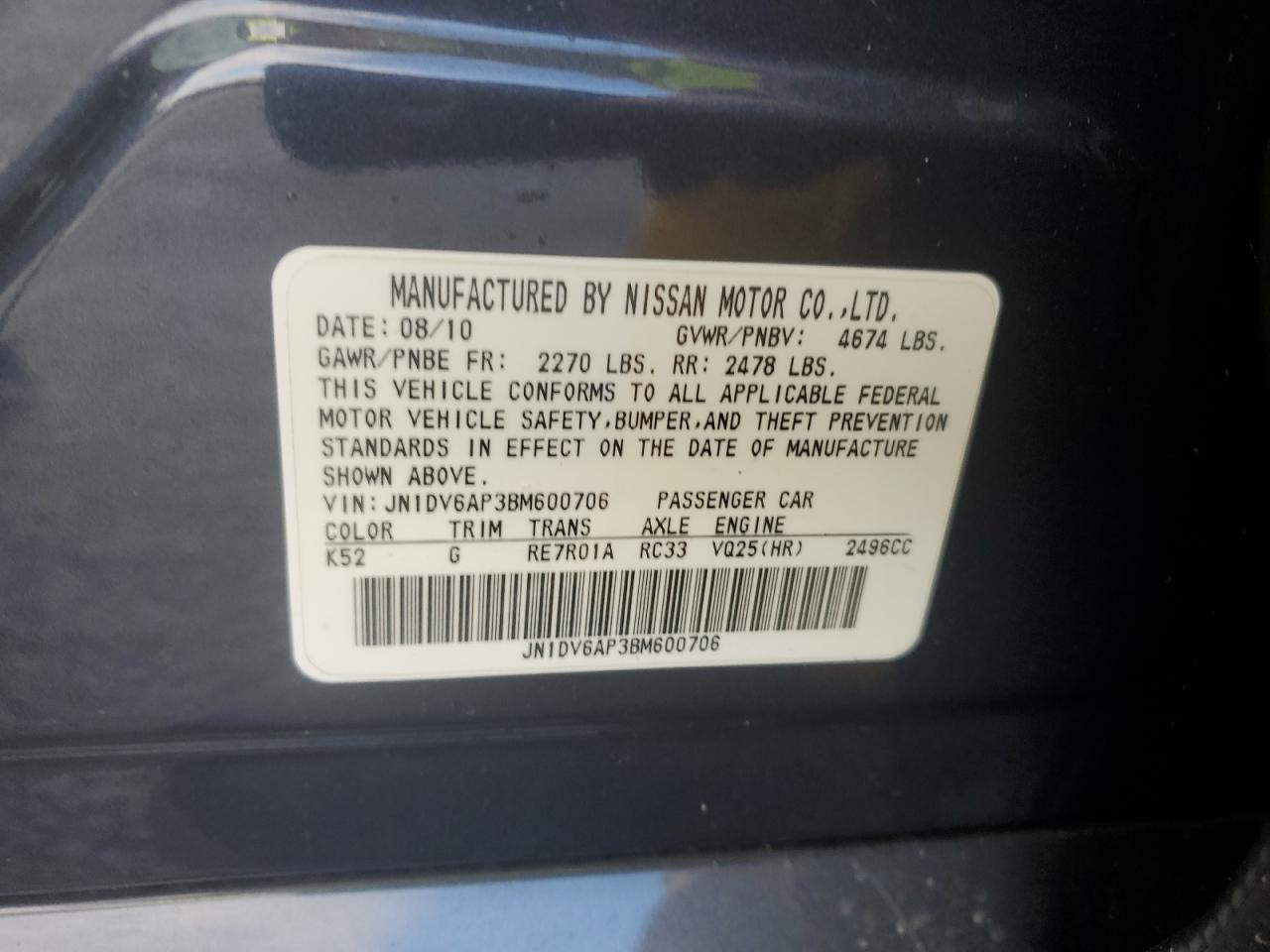 2011 Infiniti G VIN JN1DV6AP3BM600706 Copart auction photo, vandalism damage thumbnail 13