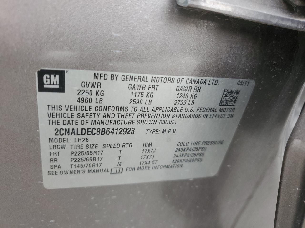 2011 Chevrolet Equinox VIN 2CNALDEC8B6412923 Copart auction photo, front end / rear end damage thumbnail 13