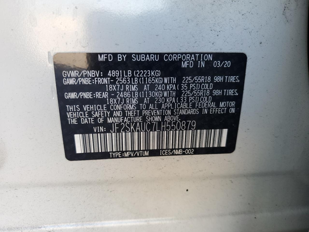 2020 Subaru Forester VIN JF2SKAUC7LH550879 Copart auction photo, rear end / side damage thumbnail 13