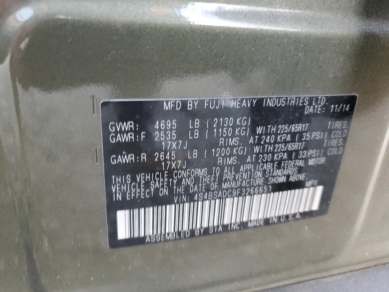 2015 Subaru Outback VIN 4S4BSADC9F3266651 Copart auction photo, front end / side damage thumbnail 13
