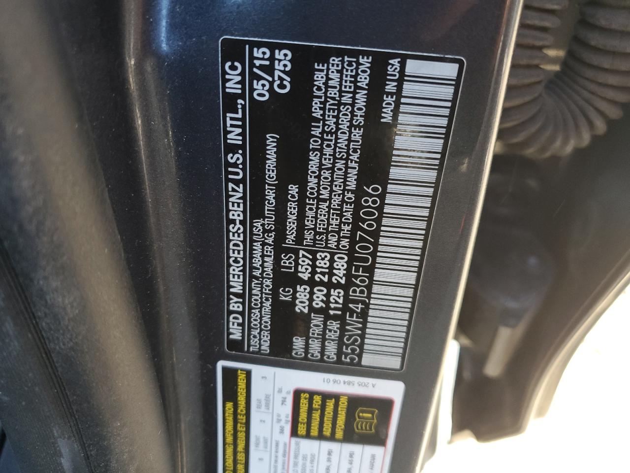 2015 Mercedes-Benz C-klasse VIN 55SWF4JB6FU076086 Copart auction photo, front end damage thumbnail 12