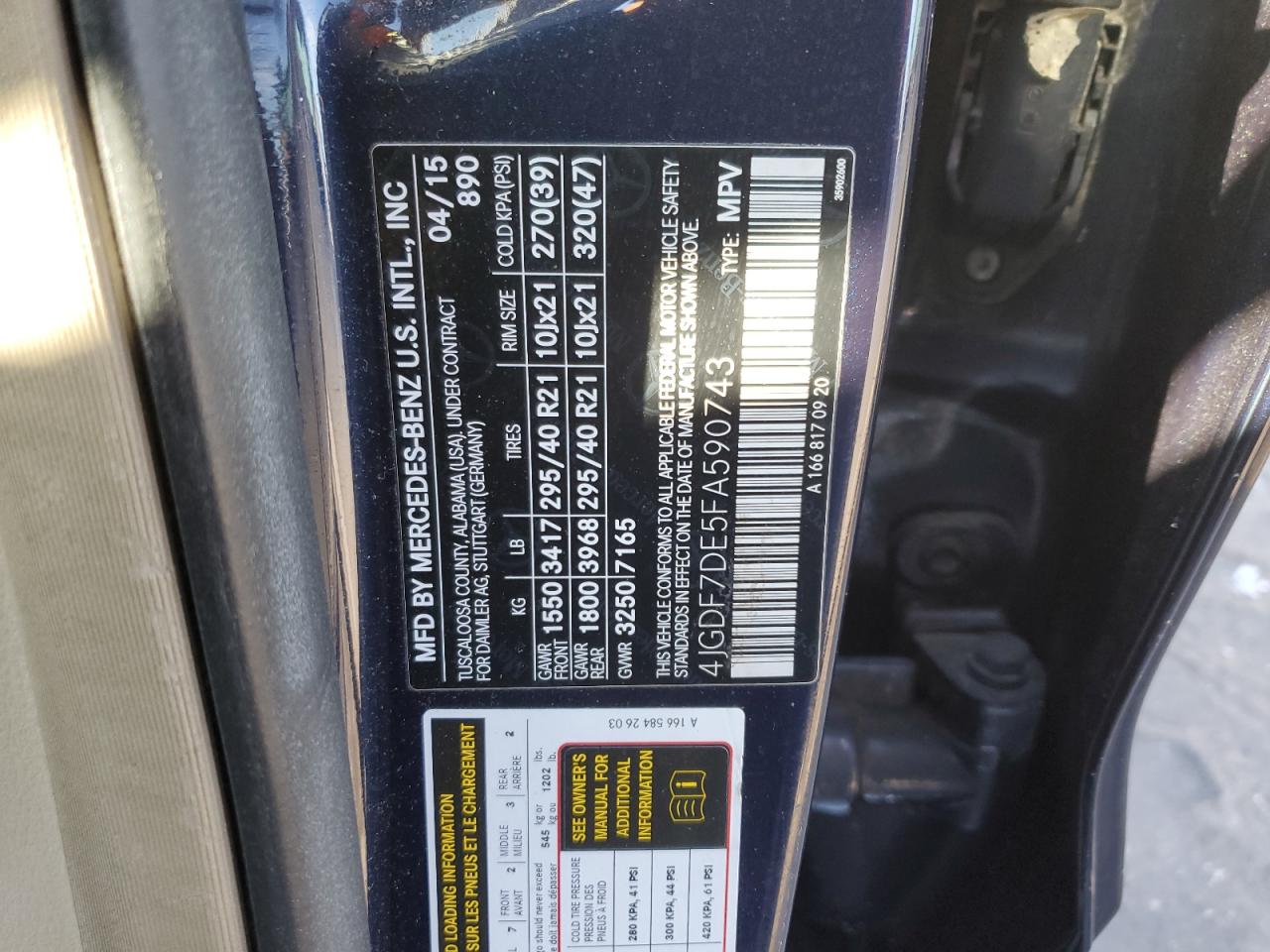 2015 Mercedes-Benz GL-klasse VIN 4JGDF7DE5FA590743 Copart auction photo, rear end damage thumbnail 13