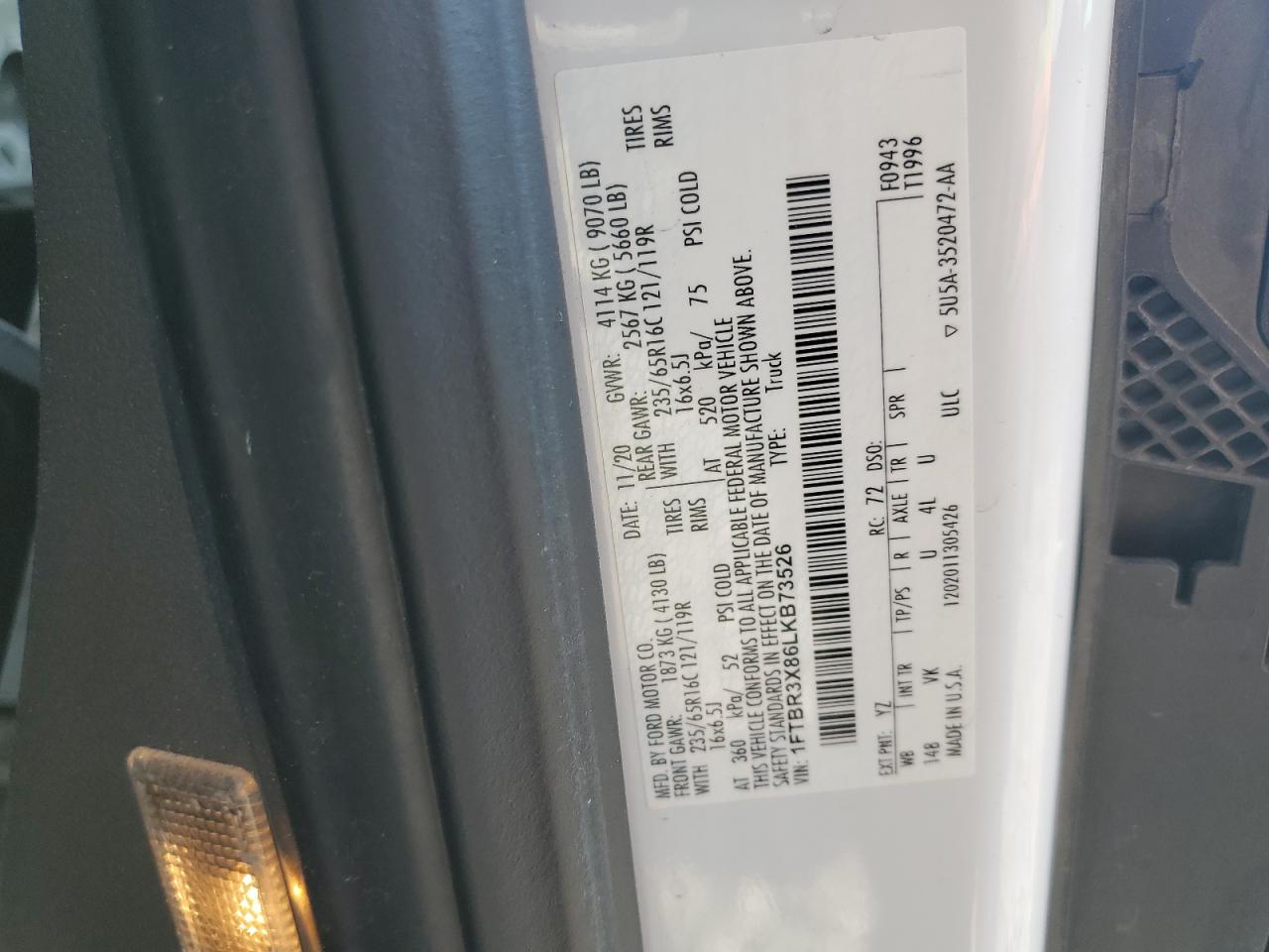 2020 Ford Transit VIN 1FTBR3X86LKB73526 Copart auction photo, rear end damage thumbnail 12