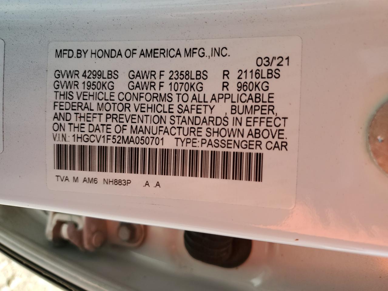 2021 Honda Accord VIN 1HGCV1F52MA050701 Copart auction photo, front end damage thumbnail 12