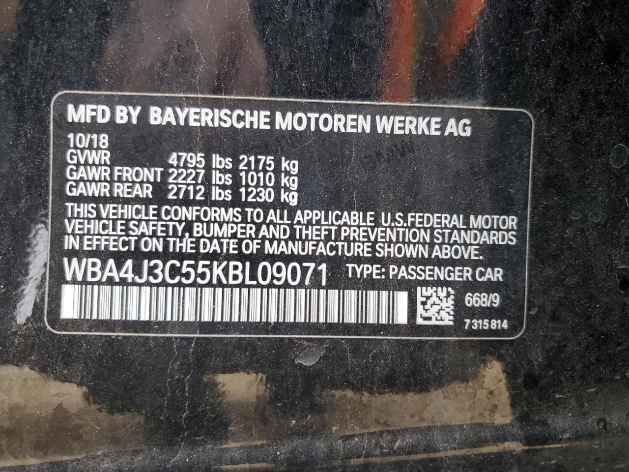2019 BMW 4er VIN WBA4J3C55KBL09071 Copart auction photo, front end / mechanical damage thumbnail 14