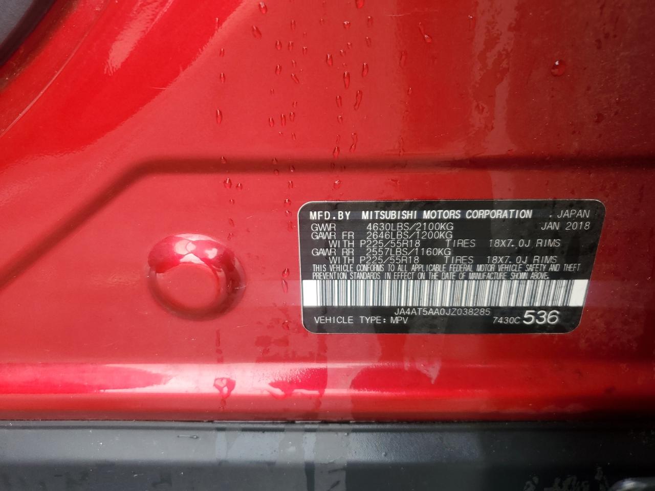 2018 Mitsubishi Eclipse VIN JA4AT5AA0JZ038285 Copart auction photo, front end damage thumbnail 13