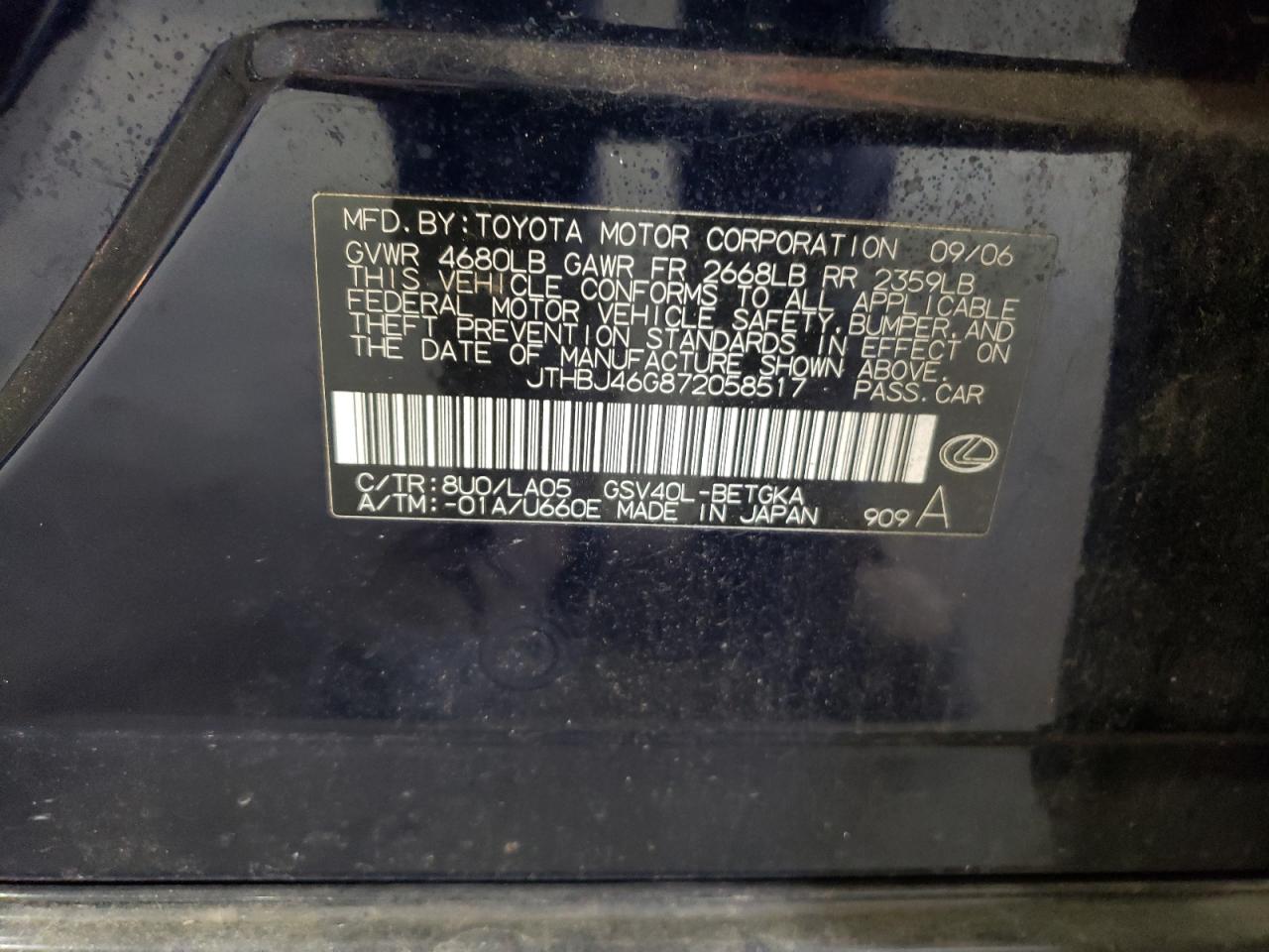 2007 Lexus ES VIN JTHBJ46G872058517 Copart auction photo, side / undercarriage damage thumbnail 12