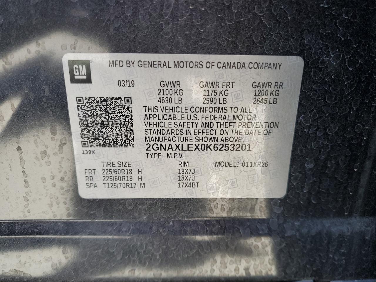 2019 Chevrolet Equinox VIN 2GNAXLEX0K6253201 Copart auction photo, rollover damage thumbnail 13
