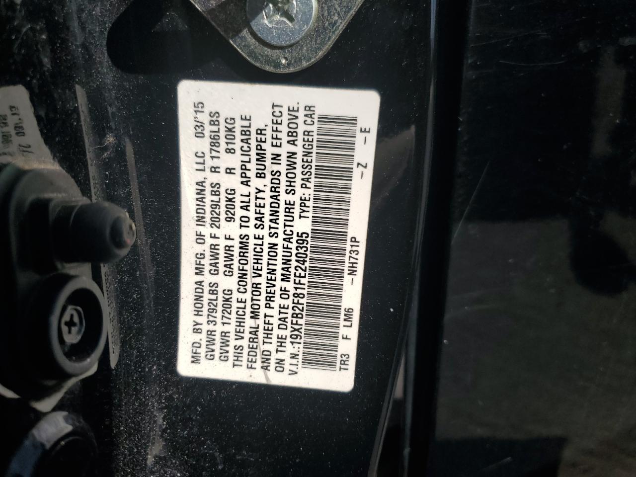 2015 Honda Civic VIN 19XFB2F81FE240395 Copart auction photo, front end damage thumbnail 12