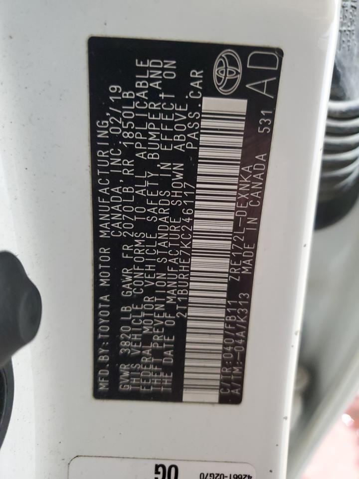 2019 Toyota Corolla VIN 2T1BURHE7KC246117 Copart auction photo, front end / side damage thumbnail 13