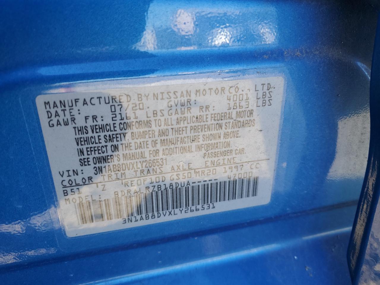 2020 Nissan Sentra VIN 3N1AB8DVXLY266531 Copart auction photo, front end damage thumbnail 14