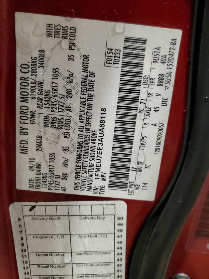 2010 Ford Explorer VIN 1FMEU7EE3AUA88118 Copart auction photo, front end damage thumbnail 13