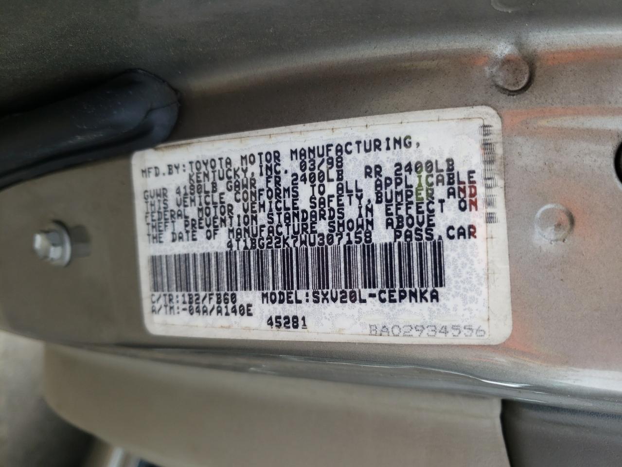 1998 Toyota Camry VIN 4T1BG22K7WU307158 Copart auction photo, all over damage thumbnail 12