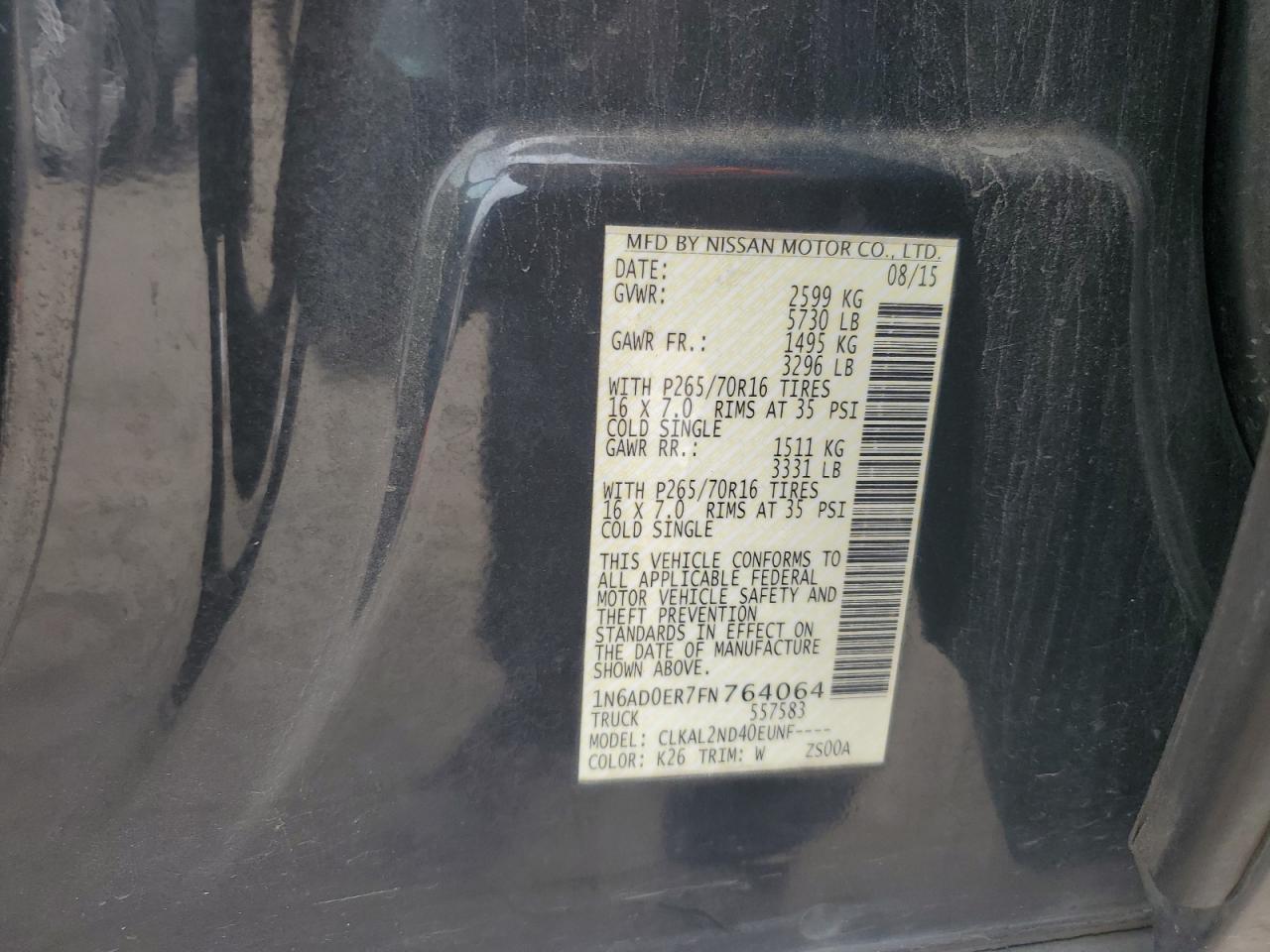 2015 Nissan Navara (Frontier) VIN 1N6AD0ER7FN764064 Copart auction photo, front end damage thumbnail 13