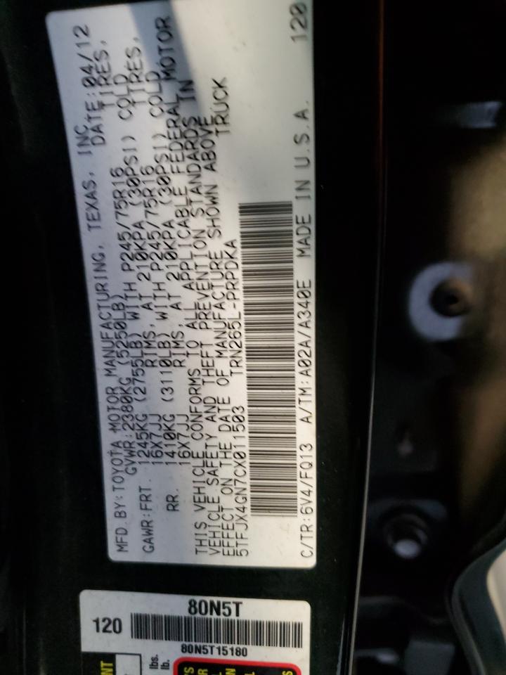 2012 Toyota Tacoma VIN 5TFJX4GN7CX011503 Copart auction photo, all over damage thumbnail 12