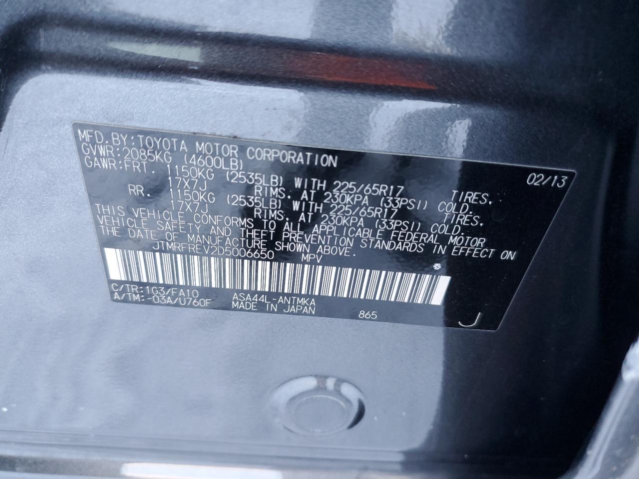 2013 Toyota RAV 4 VIN JTMRFREV2D5006650 Copart auction photo, front end / minor dent/scratches damage thumbnail 13
