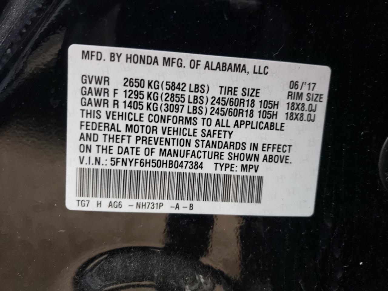 2017 Honda Pilot VIN 5FNYF6H50HB047384 Copart auction photo, side / rear end damage thumbnail 12
