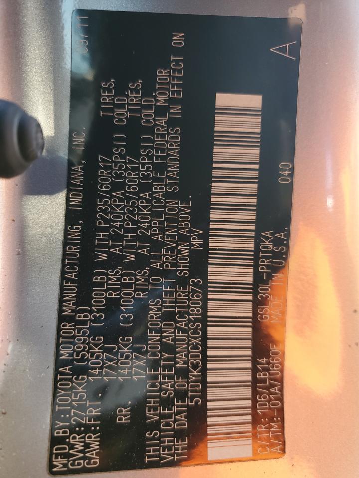 2012 Toyota Sienna VIN 5TDYK3DCXCS180673 Copart auction photo, all over damage thumbnail 14