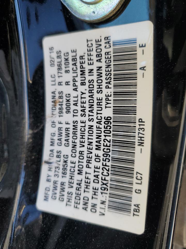 2016 Honda Civic VIN 19XFC2F59GE210596 Copart auction photo, side / rear end damage thumbnail 12