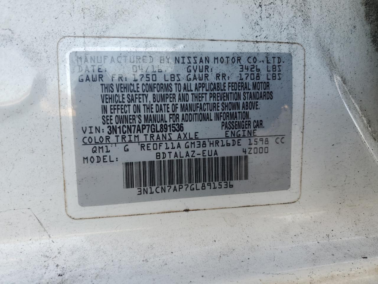 2016 Nissan Versa VIN 3N1CN7AP7GL891536 Copart auction photo, front end damage thumbnail 12