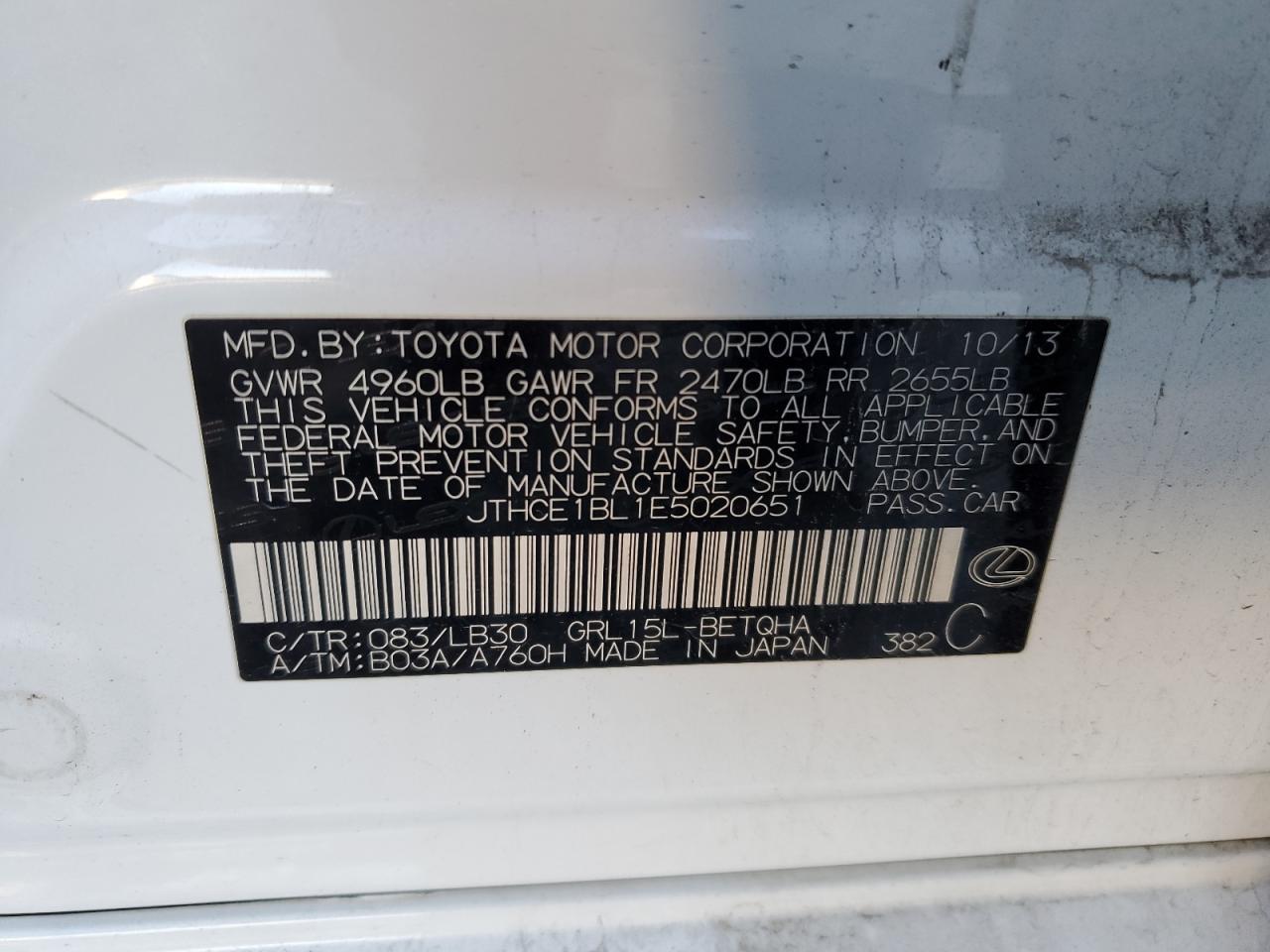 2014 Lexus GS VIN JTHCE1BL1E5020651 Copart auction photo, front end / rear end damage thumbnail 12