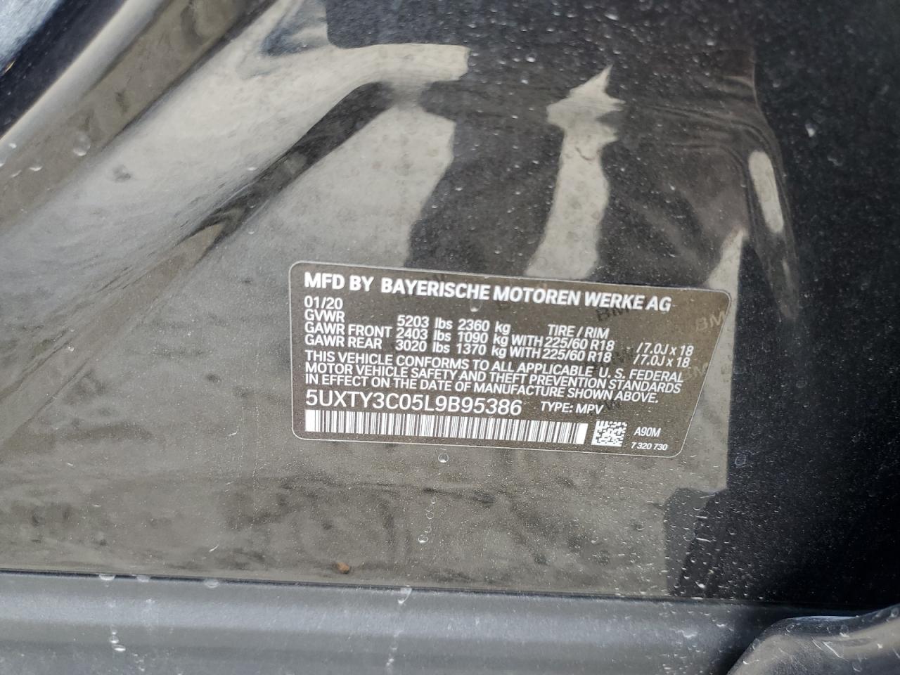 2020 BMW X3 VIN 5UXTY3C05L9B95386 Copart auction photo, side damage thumbnail 16