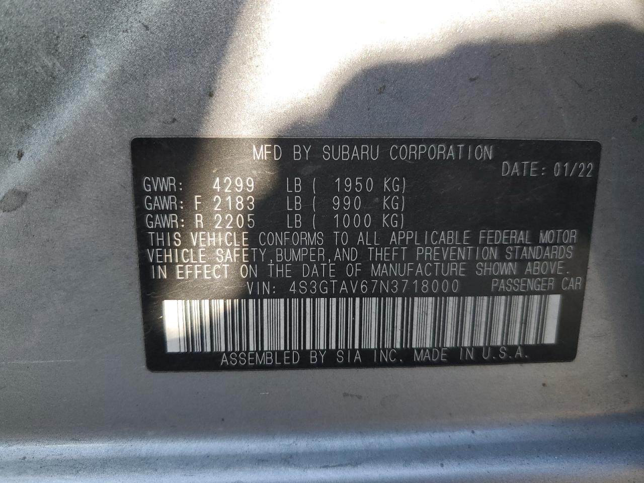 2022 Subaru Impreza VIN 4S3GTAV67N3718000 Copart auction photo, rear end / side damage thumbnail 12