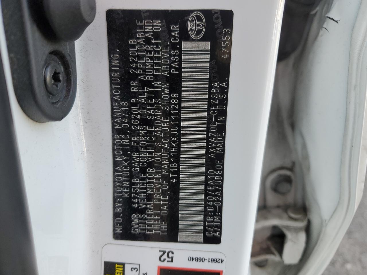 2018 Toyota Camry VIN 4T1B11HKXJU111288 Copart auction photo, vandalism / all over damage thumbnail 12