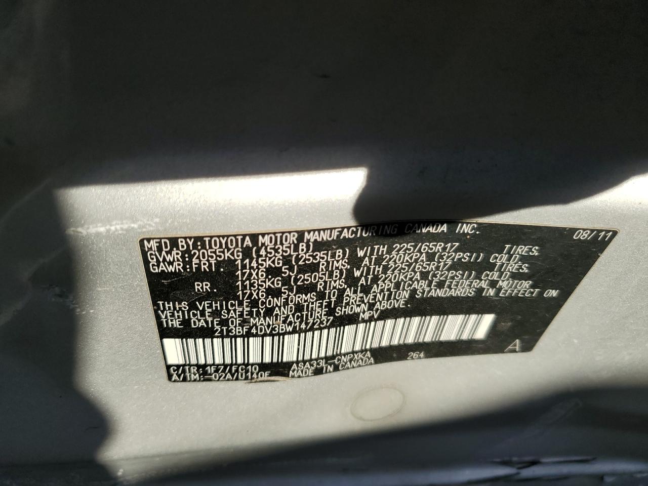 2011 Toyota RAV 4 VIN 2T3BF4DV3BW147237 Copart auction photo, side / front end damage thumbnail 15