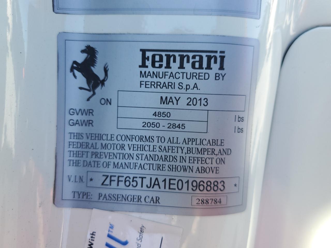 2014 Ferrari California VIN ZFF65TJA1E0196883 Copart auction photo, water/flood damage thumbnail 13