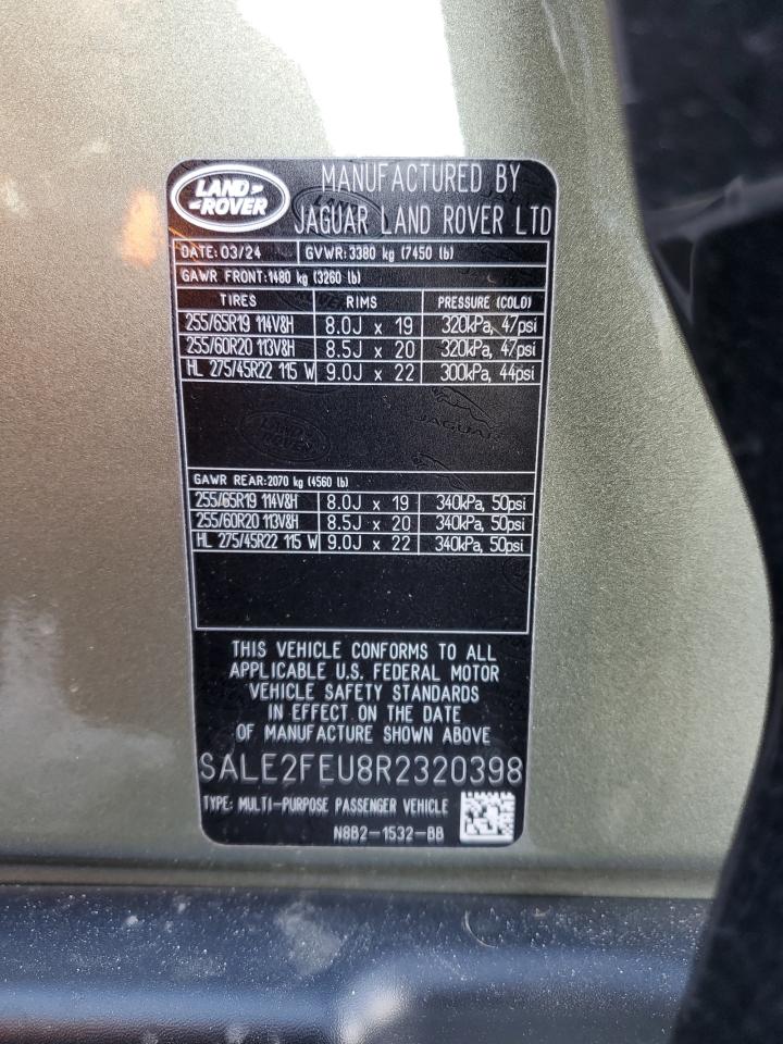 2024 Land Rover Defender VIN SALE2FEU8R2320398 Copart auction photo, front end damage thumbnail 15