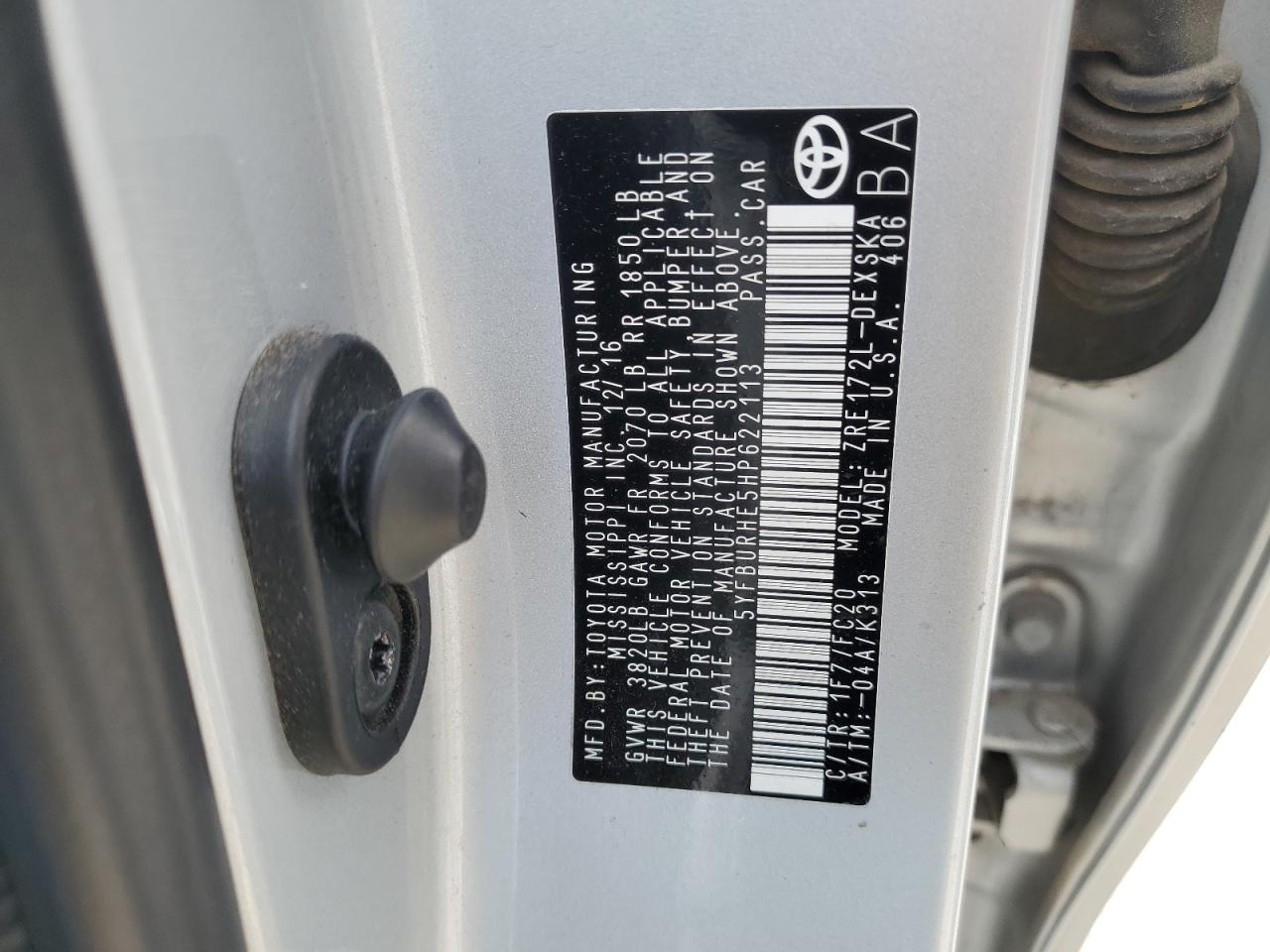 2017 Toyota Corolla VIN 5YFBURHE5HP622113 Copart auction photo, front end / frame damage damage thumbnail 12