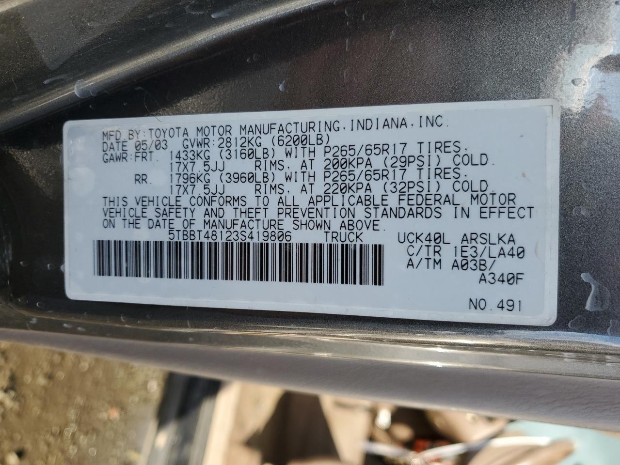 2003 Toyota Tundra VIN 5TBBT48123S419806 Copart auction photo, undercarriage damage thumbnail 12